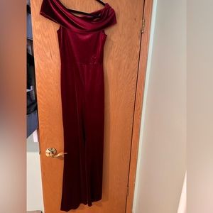 Burgundy velvet off the shoulder jumpsuit